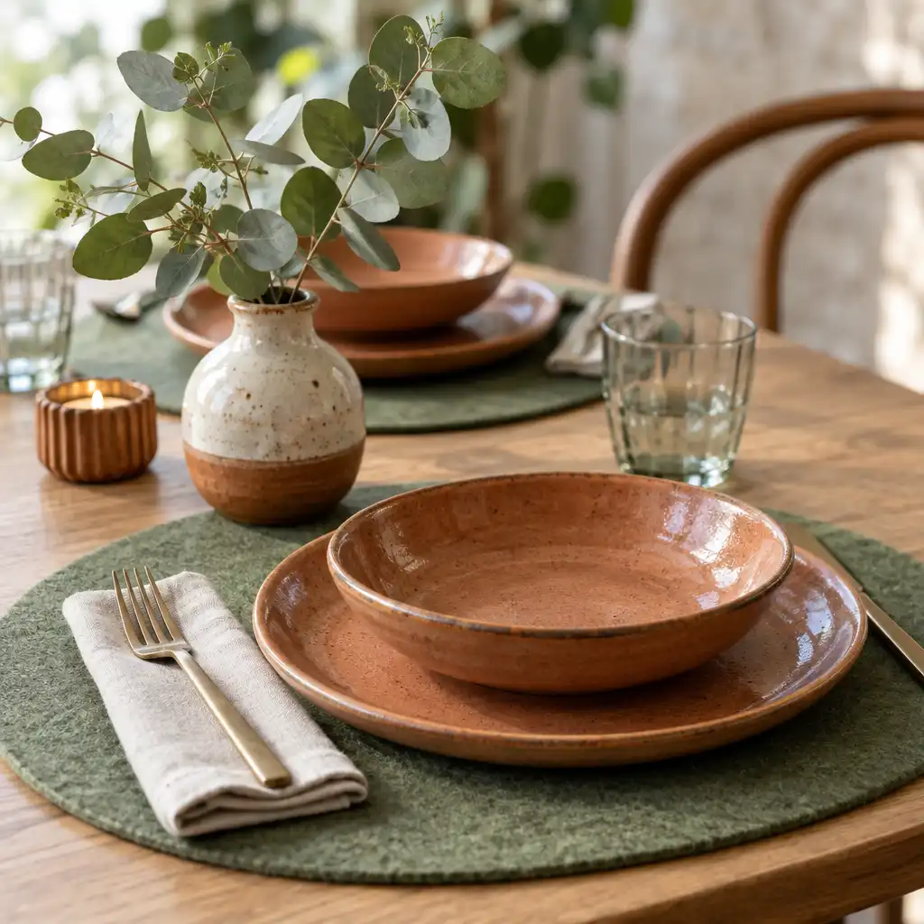Detalhe de mesa posta com prato de cerâmica terracota, guardanapo verde-sálvia e pequeno vaso de eucalipto