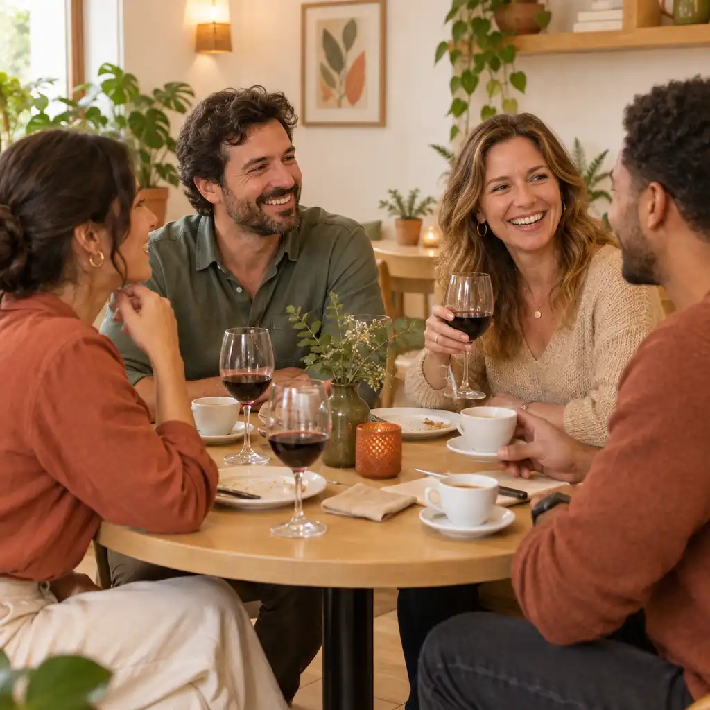 Pessoas sorrindo e conversando em volta de uma mesa de bistrô após a refeição