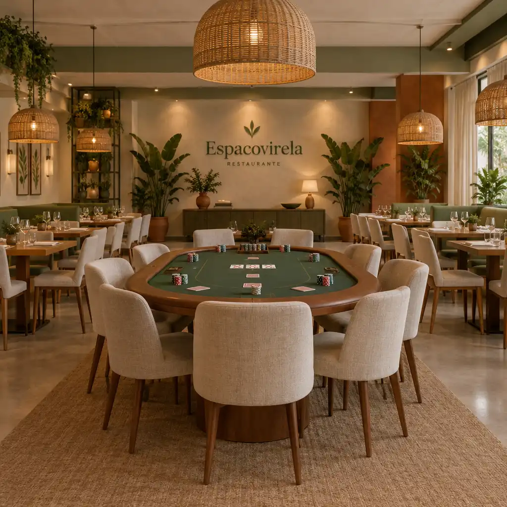 Interior do restaurante Espacovirela, com mesas de madeira, cadeiras estofadas em linho, luminárias de rattan e uma mesa de pôquer montada ao centro.