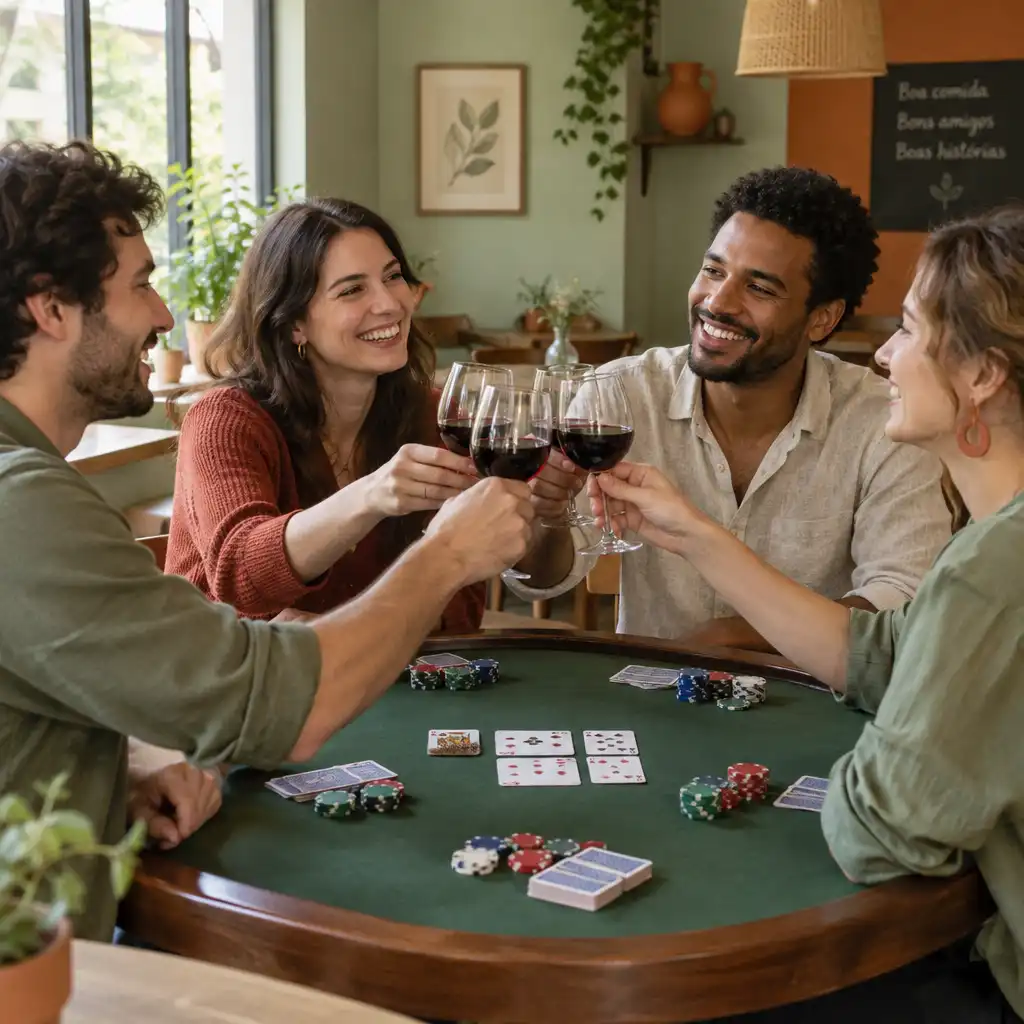 Pessoas sorrindo e brindando em uma mesa de pôquer social em um bistrô claro, transmitindo camaradagem e espírito esportivo
