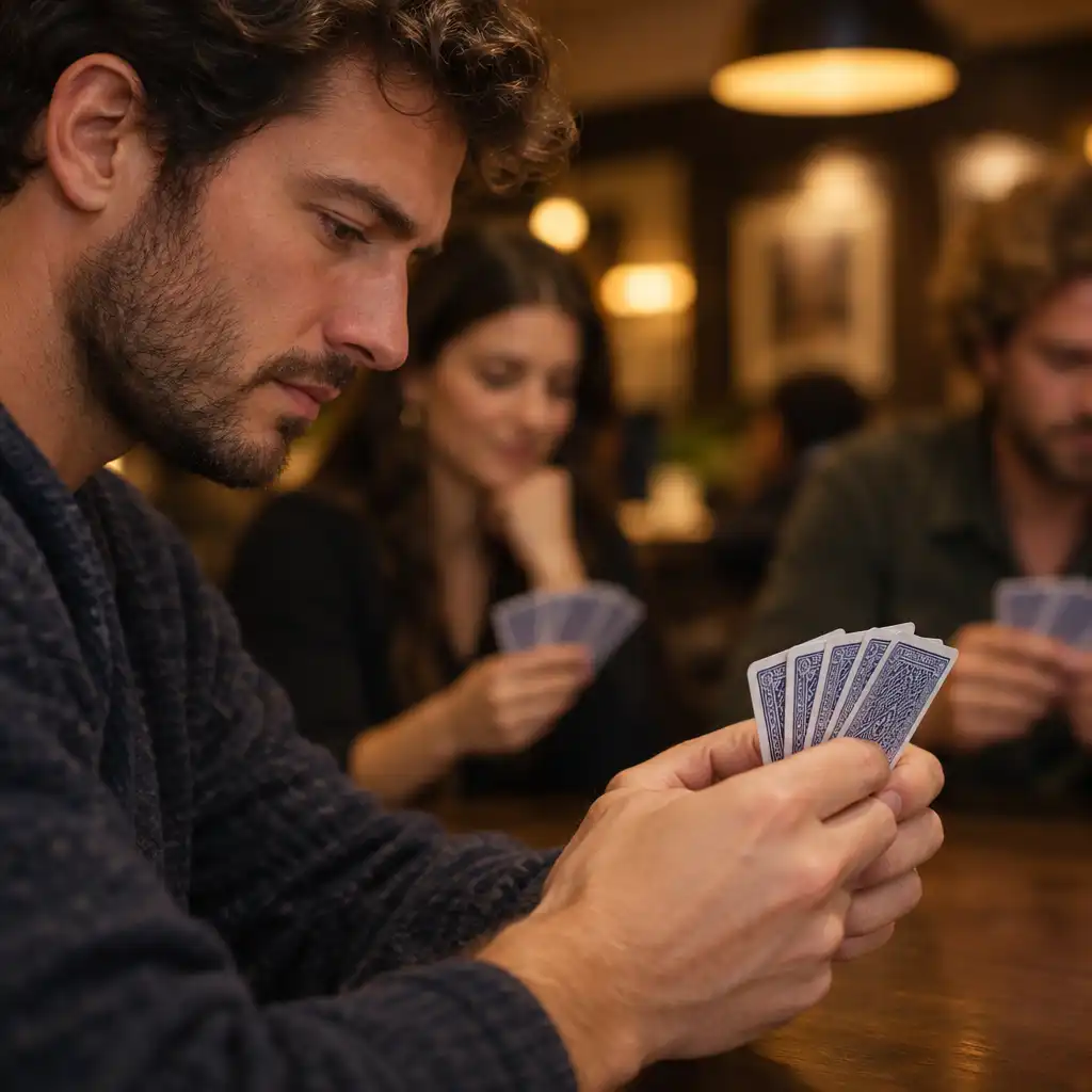 Mãos de jogador segurando cartas com expressão concentrada, ao fundo outros jogadores desfocados em bistrô