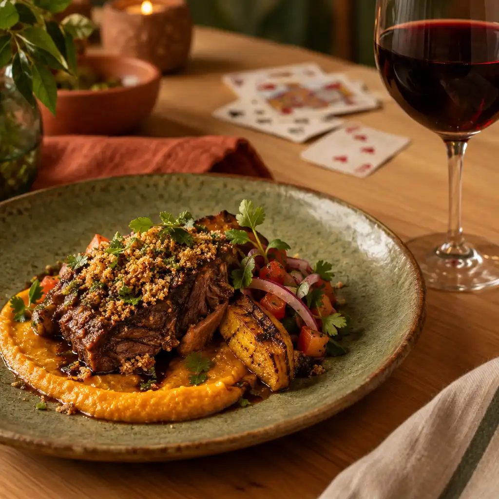 Prato artesanal com comida brasileira contemporânea e taça de vinho tinto sobre mesa de madeira clara, com cartas de baralho desfocadas ao fundo