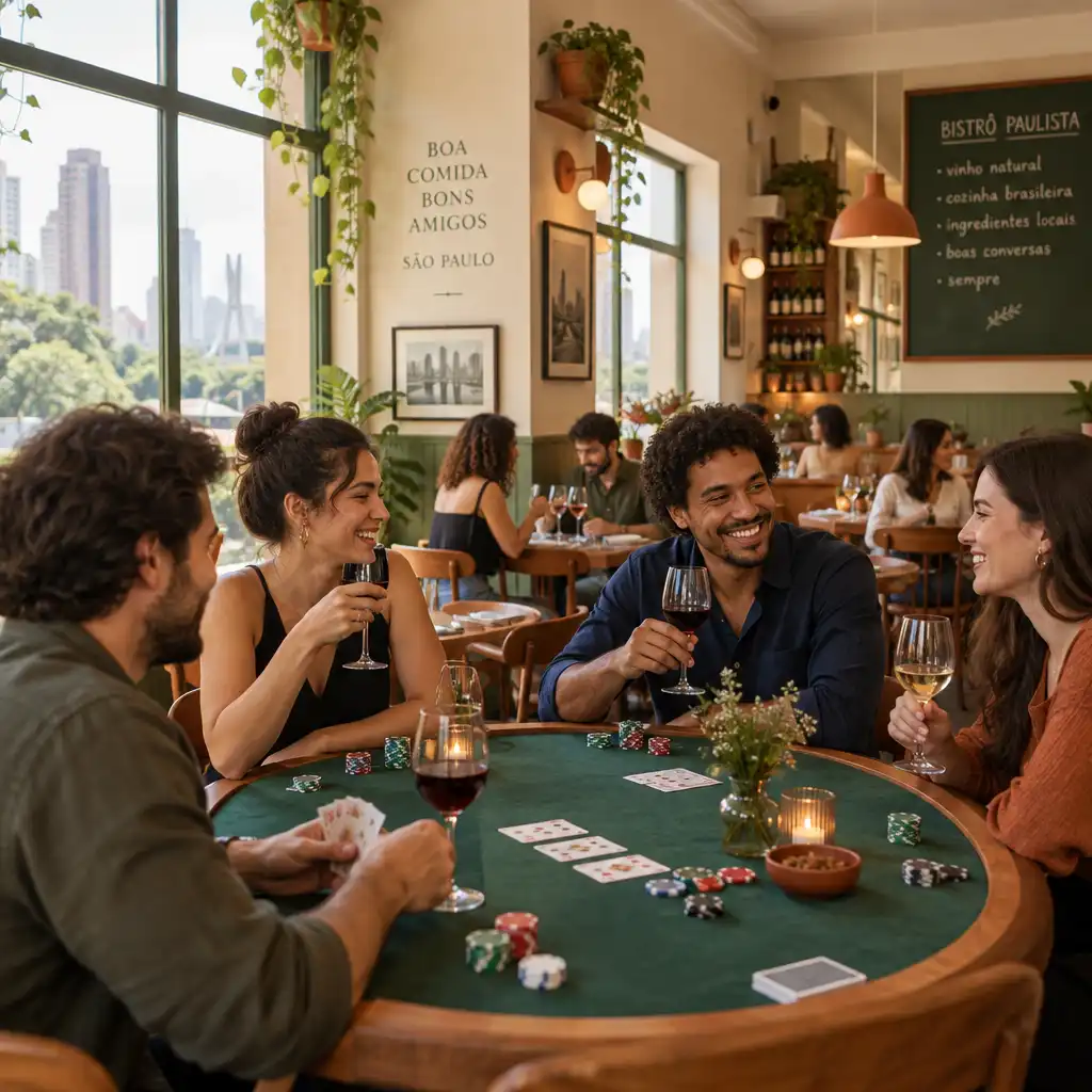 Mesa de pôquer em bistrô iluminado com pessoas sorrindo e taças de vinho, transmitindo calor e elegância casual