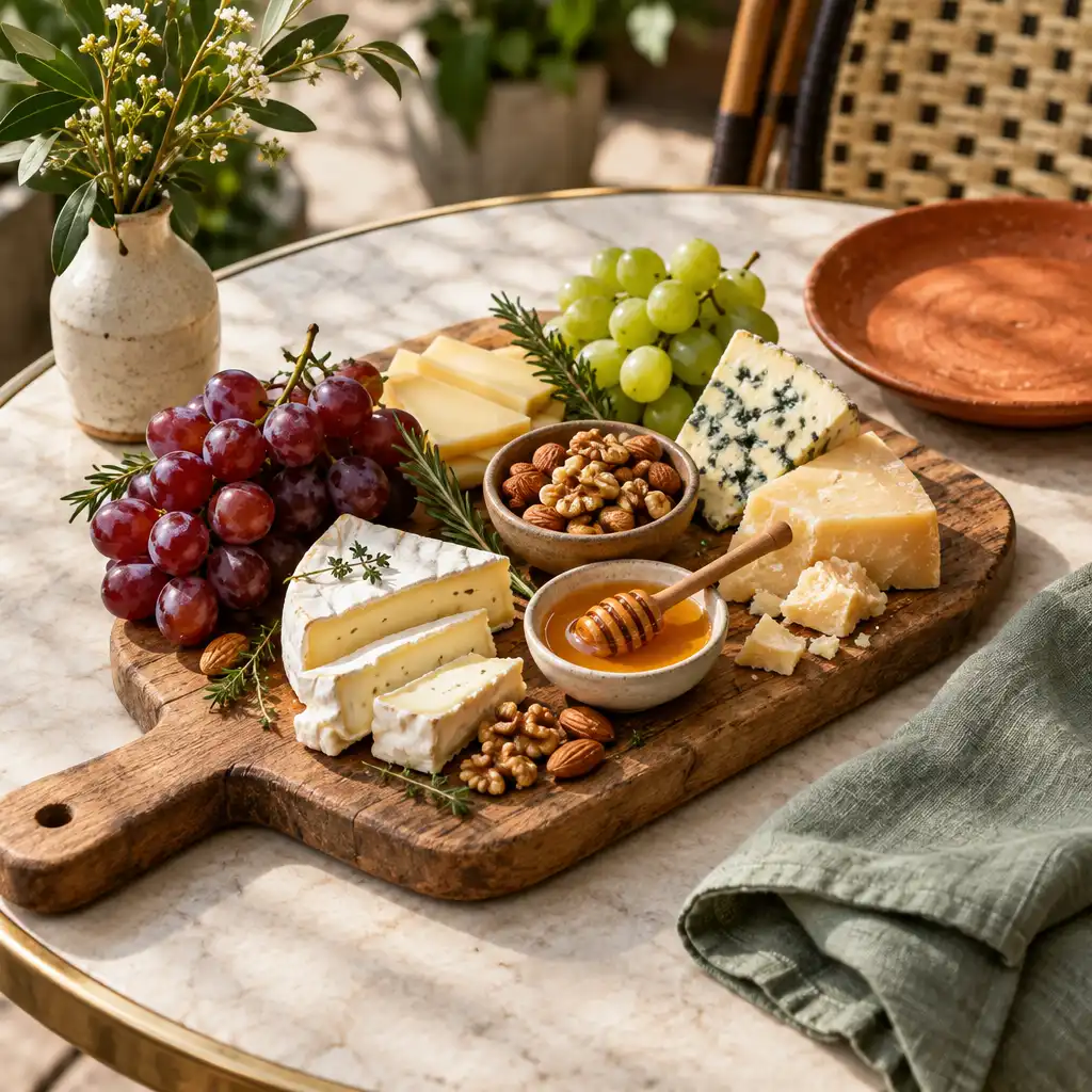 Tábua de queijos artesanais com uvas, nozes e mel sobre tábua de madeira, servida em mesa de bistrô