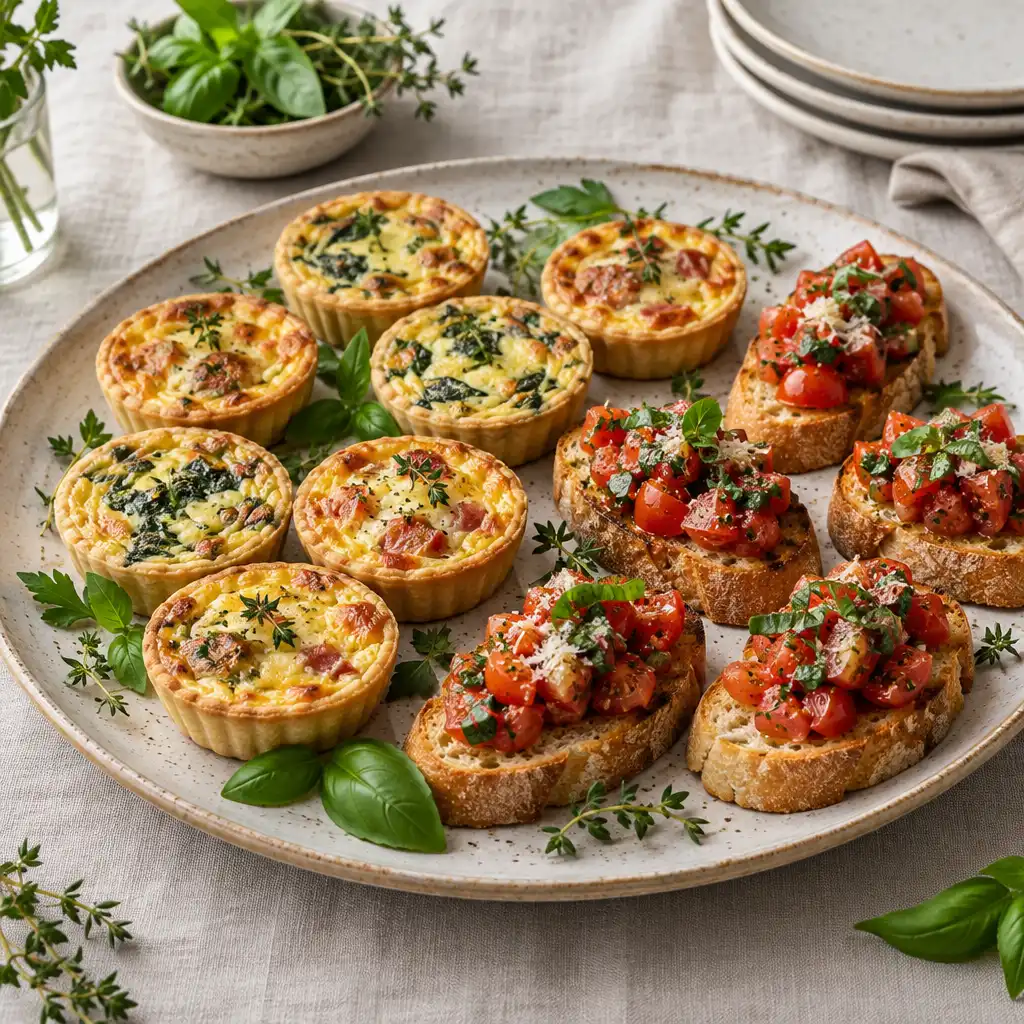 Mini quiches e bruschettas em travessa de cerâmica, guarnecidas com ervas frescas sobre toalha de linho