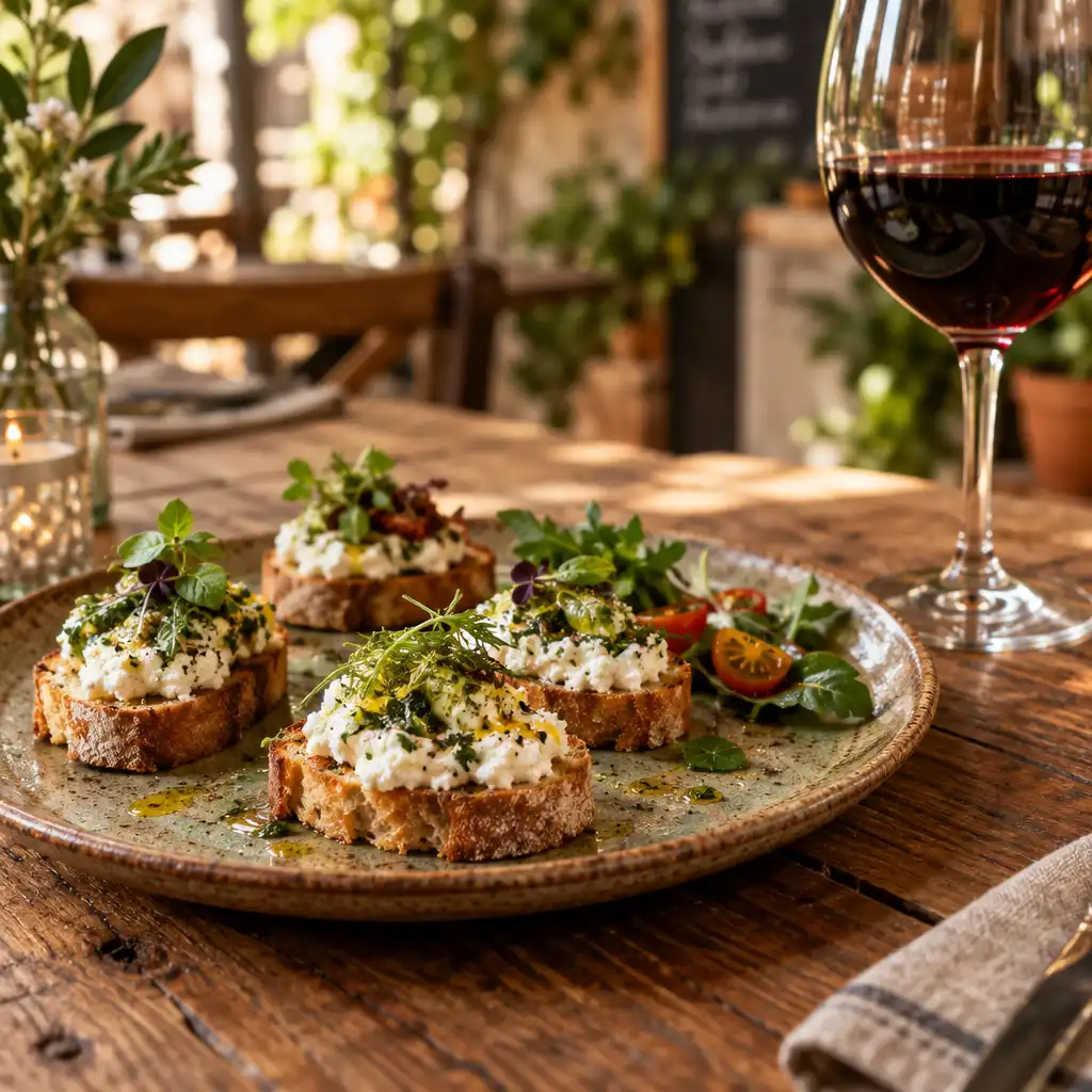 Prato artesanal com crostini de ricota e ervas ao lado de taça de vinho tinto