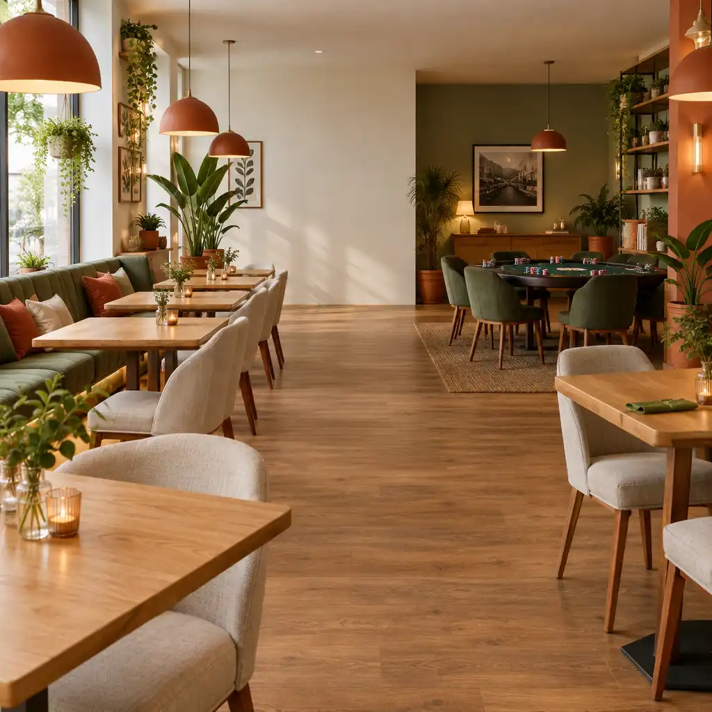 Interior de bistrô moderno com mesa de pôquer ao fundo, iluminação suave e plantas decorativas