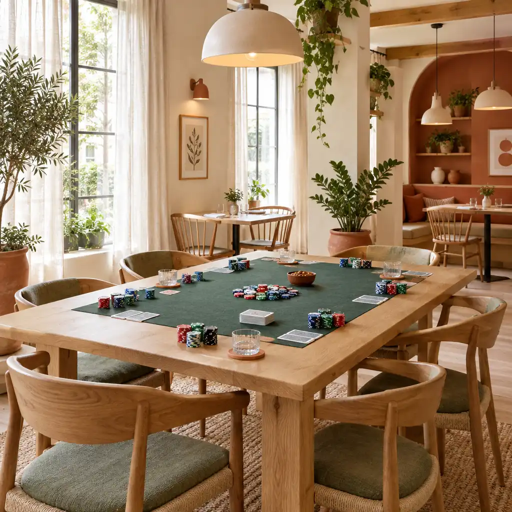 Interior de bistrô moderno com mesa preparada para noite de pôquer, plantas e iluminação suave