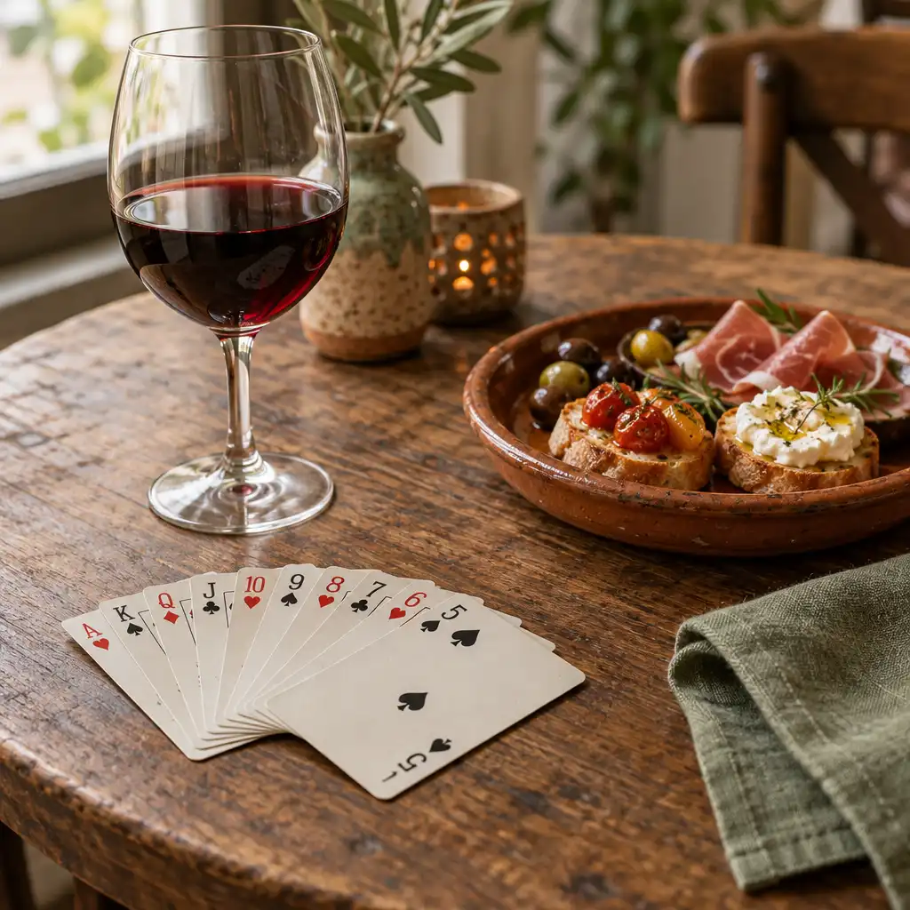 Mesa de bistrô com cartas de pôquer, taça de vinho e petiscos artesanais