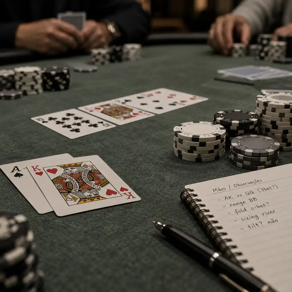 Close-up de mesa de pôquer com cartas, fichas de cerâmica e caderno de anotações