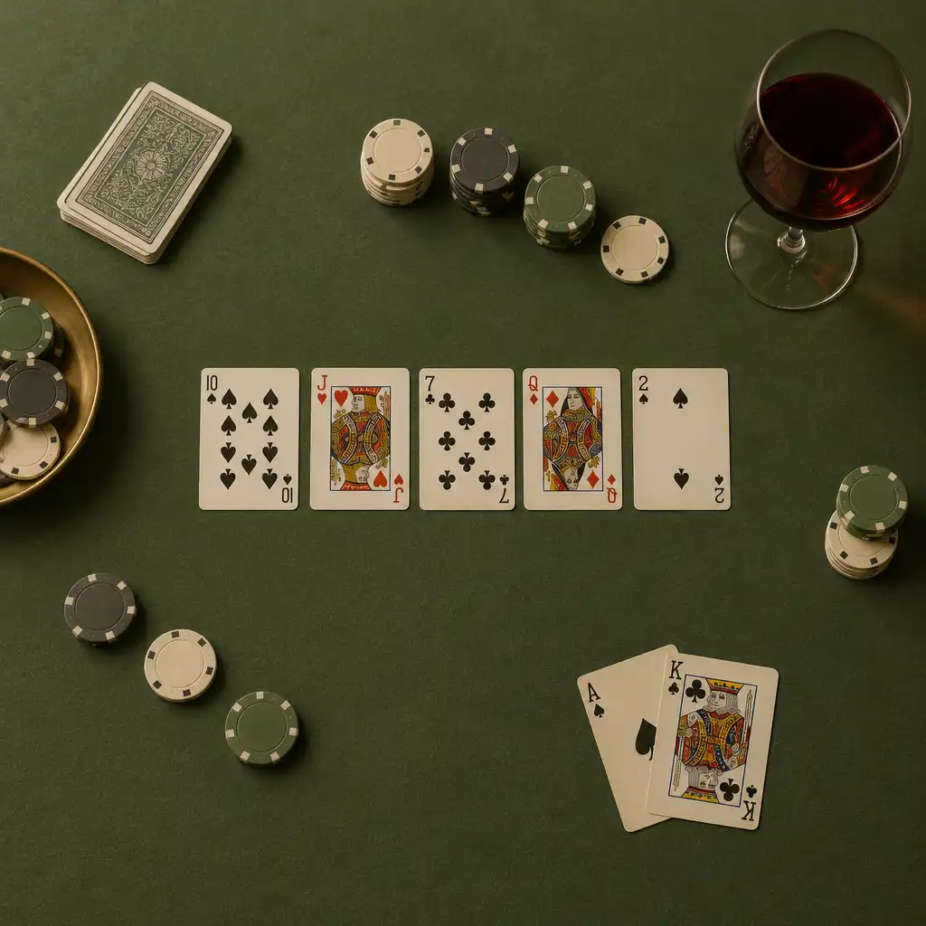 Vista superior de mesa de pôquer com feltro verde-sálvia, fichas de cerâmica neutras, cartas e taça de vinho