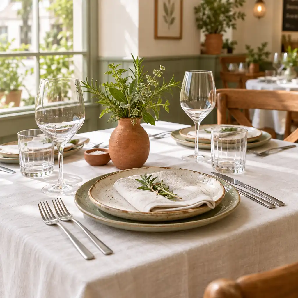 Mesa de jantar em bistrô claro com toalha de linho, pratos de cerâmica artesanal e ervas frescas