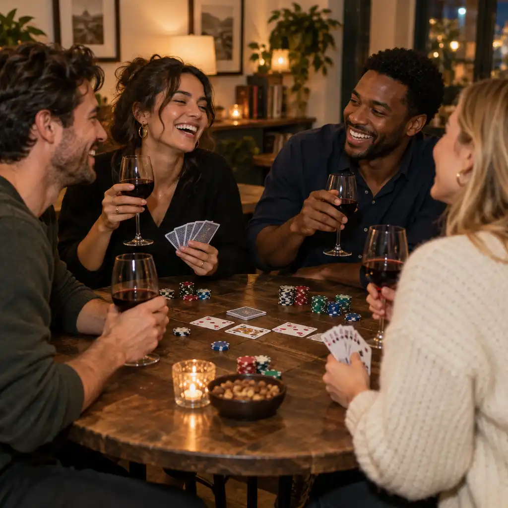 Grupo de quatro amigos sorrindo ao redor de mesa de bistrô com jogo de pôquer em andamento e taças de vinho