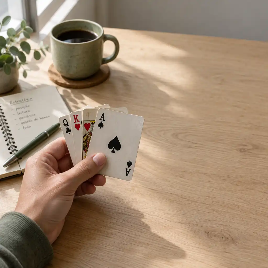 Mão segurando cartas de pôquer sobre mesa de madeira clara, com caderno de anotações e xícara de café ao lado.