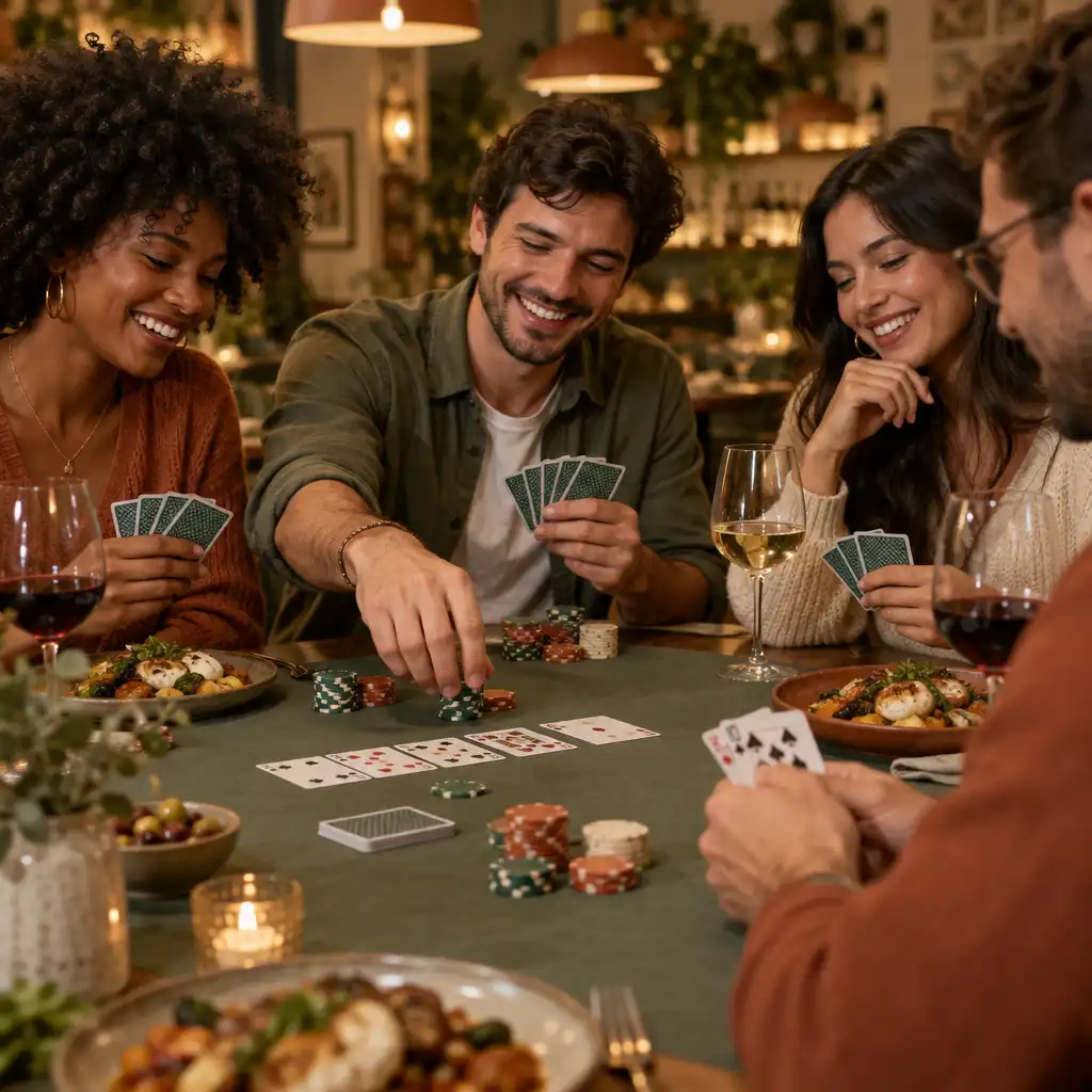 Grupo diverso de pessoas sorridentes jogando pôquer em uma mesa de bistrô aconchegante, com pratos artesanais e taças de vinho ao fundo.