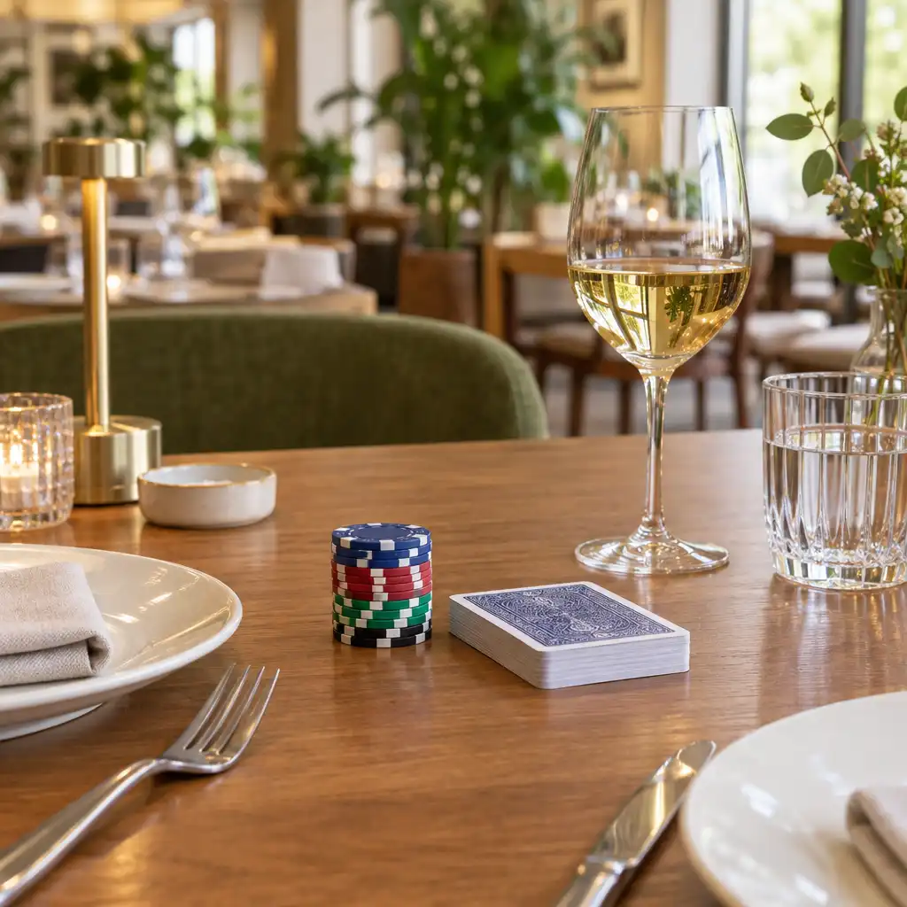 Mesa de restaurante moderna com fichas de pôquer, baralho, louça elegante e taça de vinho sob luz suave.