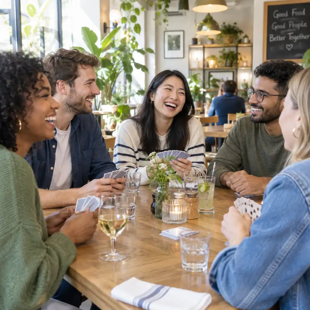 Grupo diverso de pessoas sorrindo e conversando ao redor de uma mesa de restaurante, algumas segurando cartas.